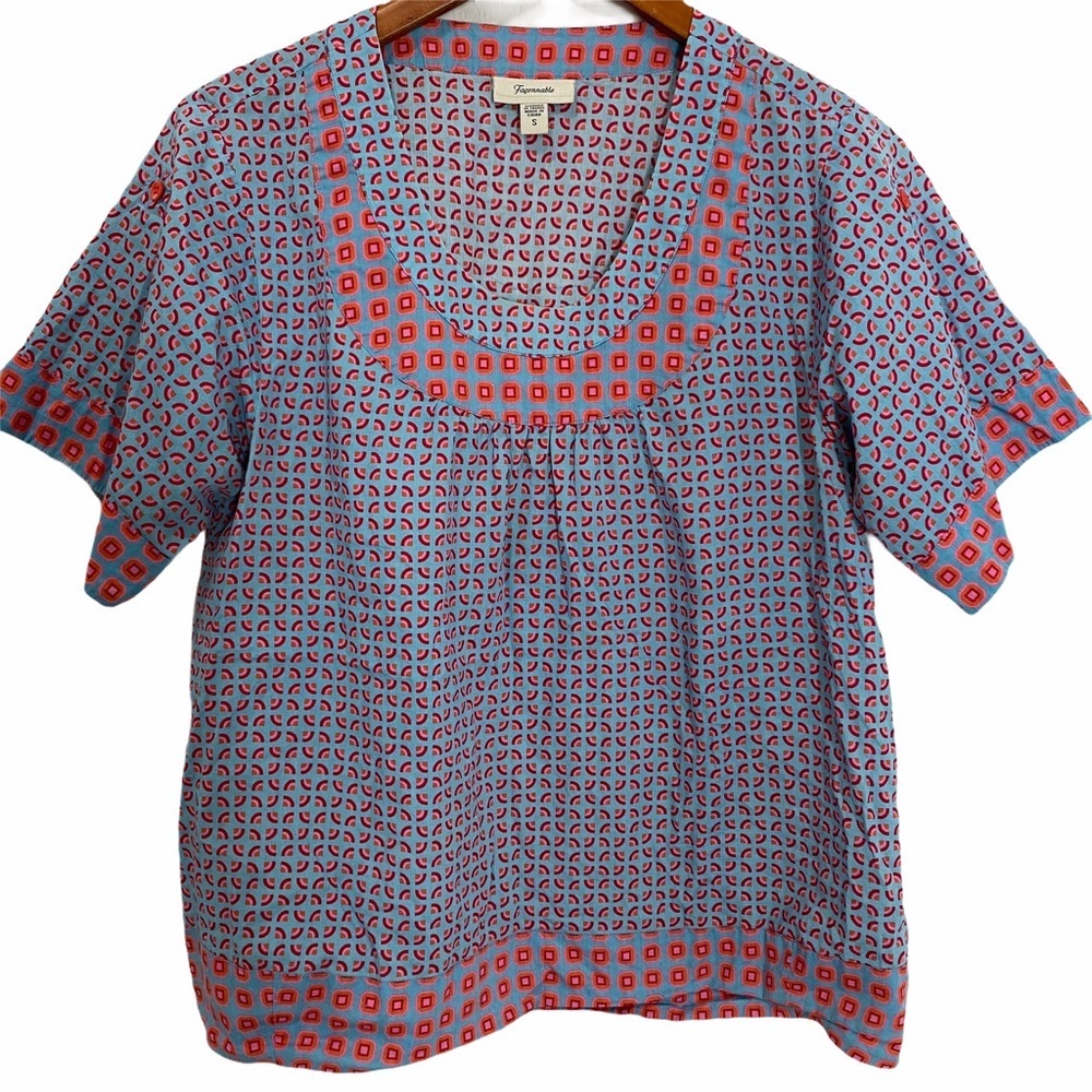 Faconnable Geometric Blouse Top sz Small Blue